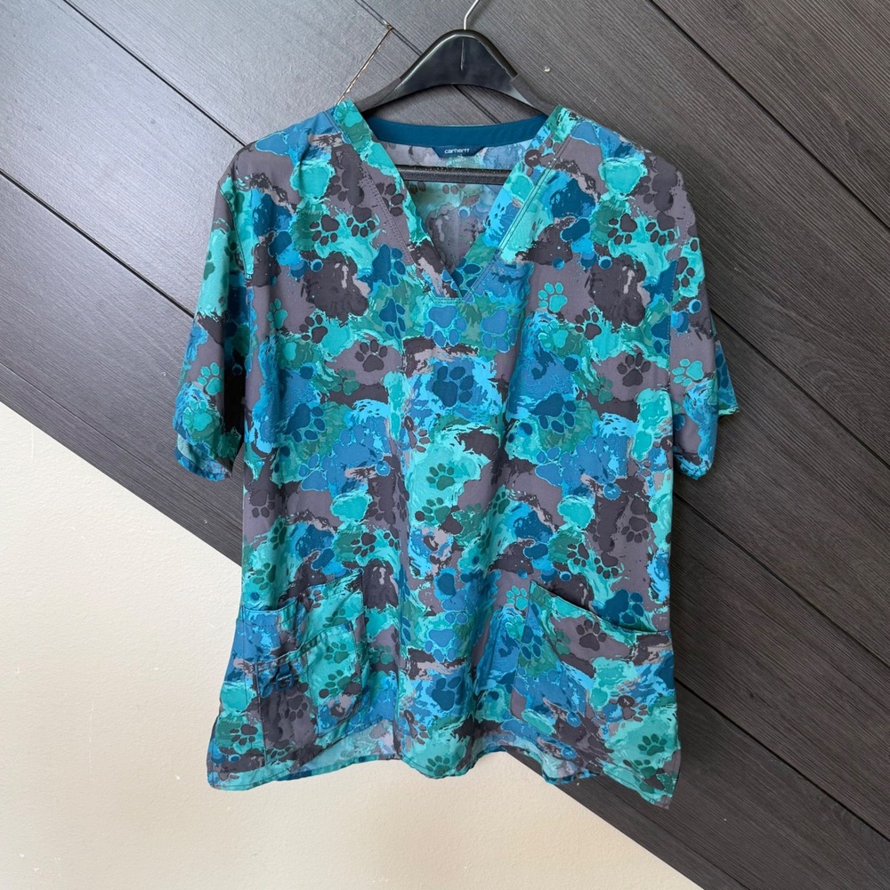 Carhartt Women's Scrub Top Paw Print V-Neck 2X Blue Teal Veterinary